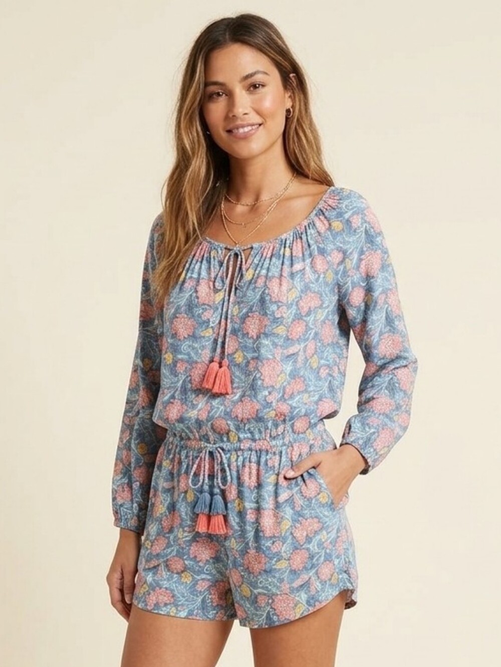 LOFT Floral Long Sleeve Romper Blue Pink Tassel Tie Waist Size L